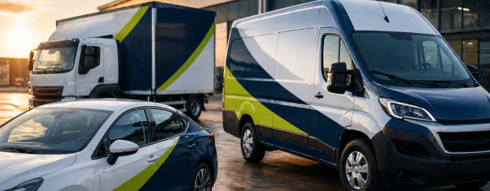 Branded commercial vehicles parked outside a modern industrial building