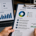 Business team reviewing printing costs and documents in an office setting