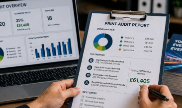 Business team reviewing printing costs and documents in an office setting