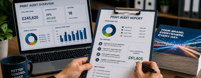 Business team reviewing printing costs and documents in an office setting