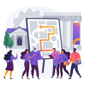 Illustration of campus visitors gathered around a large map and wayfinding display outside university buildings.