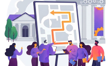 Illustration of campus visitors gathered around a large map and wayfinding display outside university buildings.