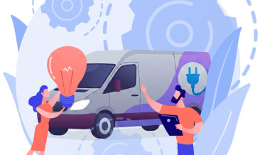 Illustration of an electric van with two people holding charging plugs, representing electric fleet vehicles and vehicle livery planning.