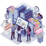 Illustration of a team reviewing urgent campaign changes beside a digital printing press producing updated marketing materials.
