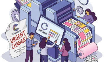 Illustration of a team reviewing urgent campaign changes beside a digital printing press producing updated marketing materials.