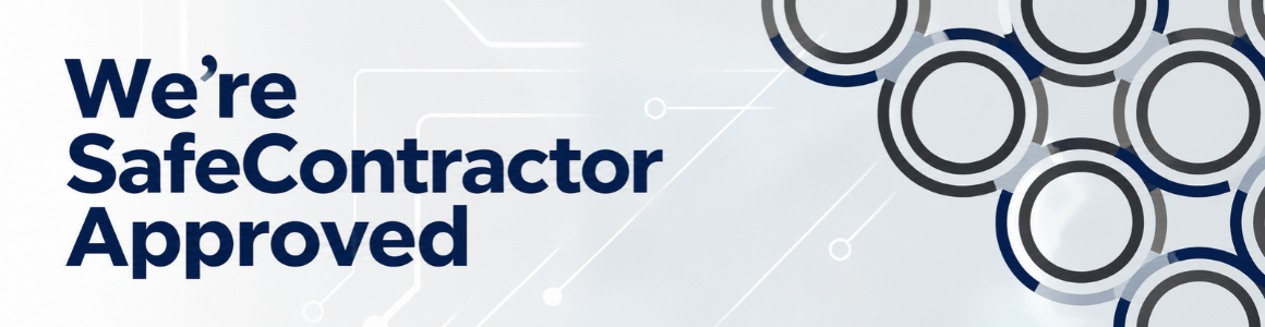 SafeContractor Approved banner featuring dark navy text on a light grey background with abstract circular graphics, highlighting CDP’s SafeContractor accreditation.