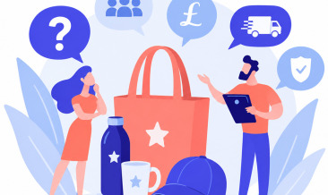 Illustration of promotional products including a branded tote bag, water bottle, mug and cap, with procurement teams discussing sourcing and delivery.